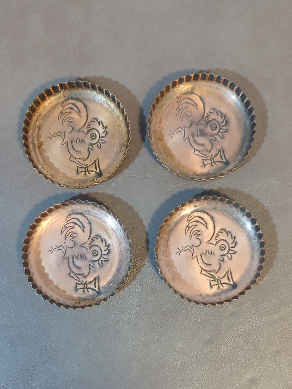Vintage Metal Drink Coasters Chicken Rooster With Drink Copper Scallop Edge
